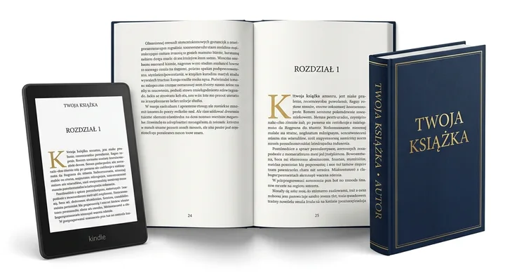 Czytnik e-booków, otwarta książka i okładka z tytułem „Twoja książka”
