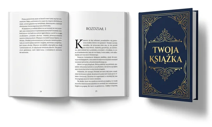 Otwarta książka ze złożonym tekstem i okładka z tytułem „Twoja książka”