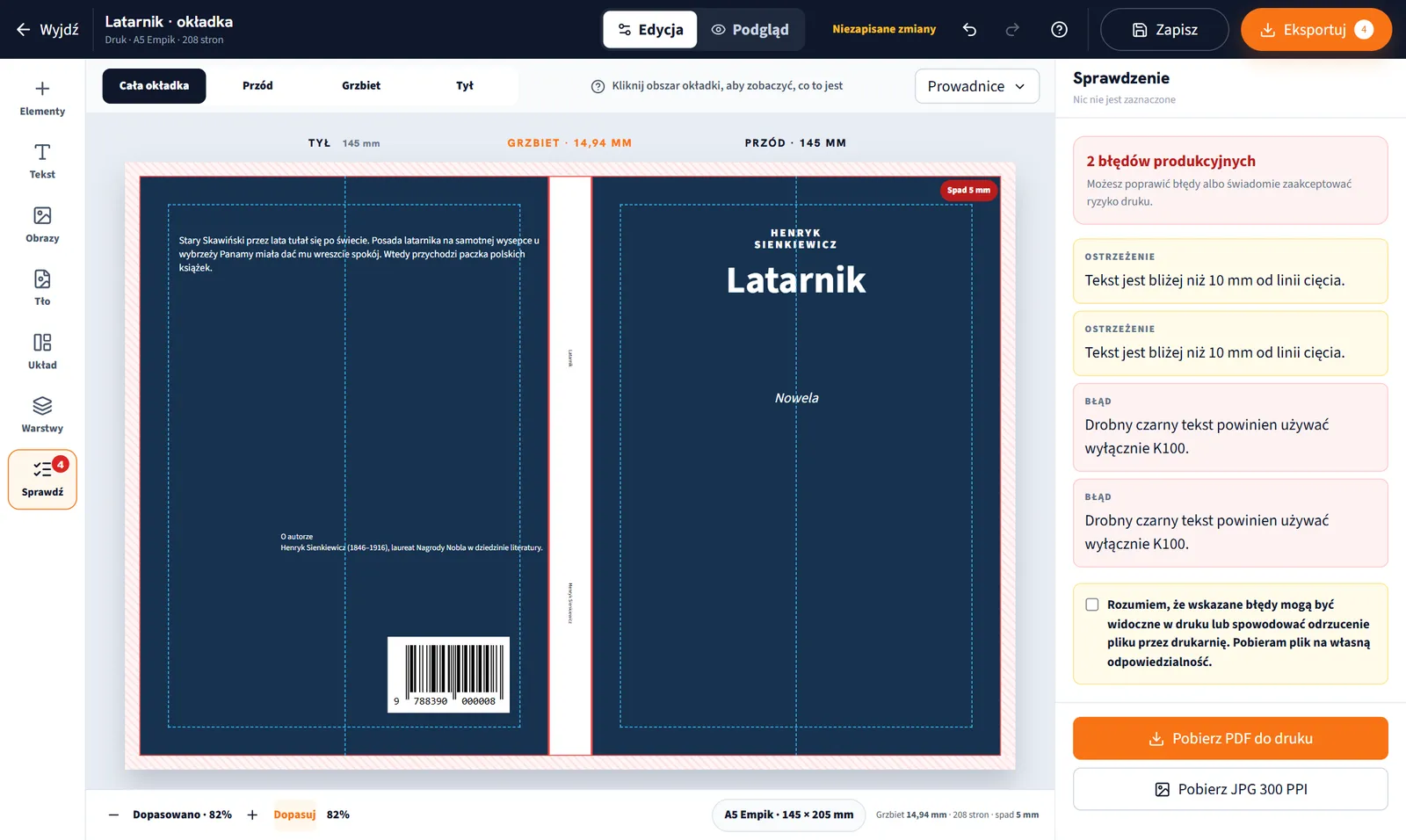 Edytor okładek, panel Sprawdzenie z błędami i ostrzeżeniami przed pobraniem PDF do druku