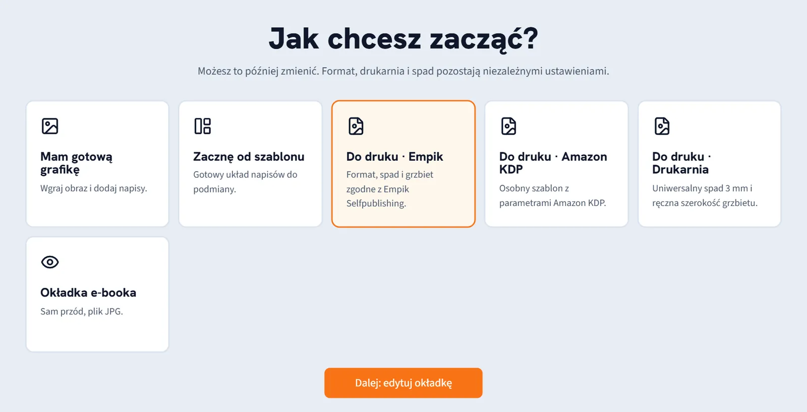 Edytor okładek BookStart, ekran startowy z sześcioma sposobami rozpoczęcia projektu