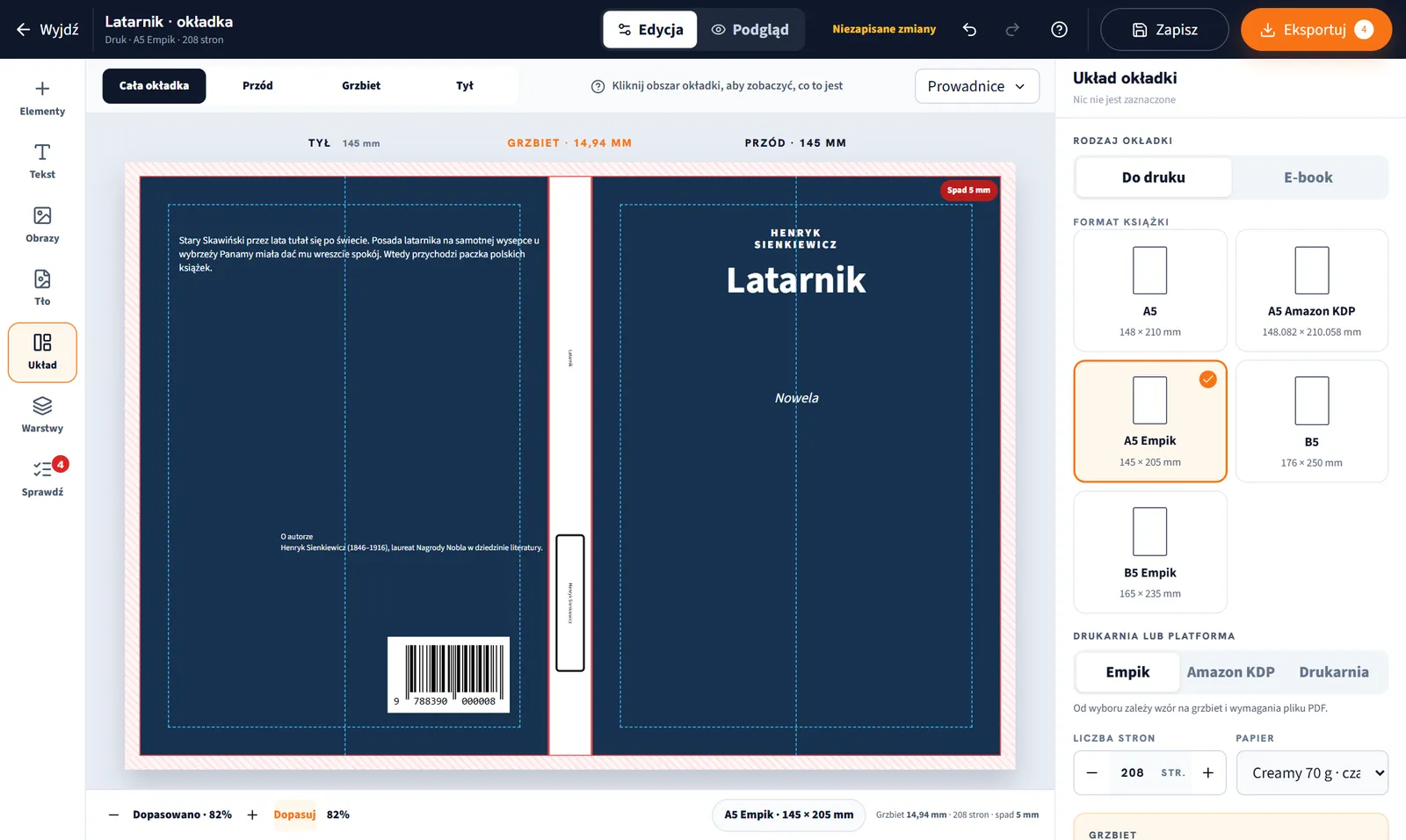 Edytor okładek, panel Układ: format A5 Empik, liczba stron, papier i szerokość grzbietu